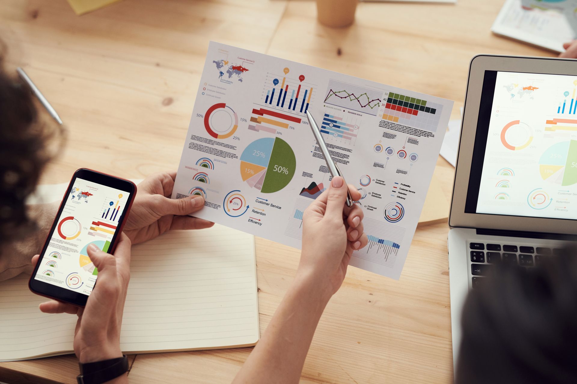 Colleagues review results and charts during a business meeting